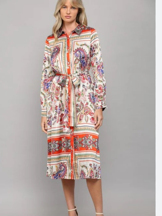 NWT Cream Paisley Print Button-Front Shirt Dress with tie belt 🌺🌹🌸  BB - Picture 9 of 9